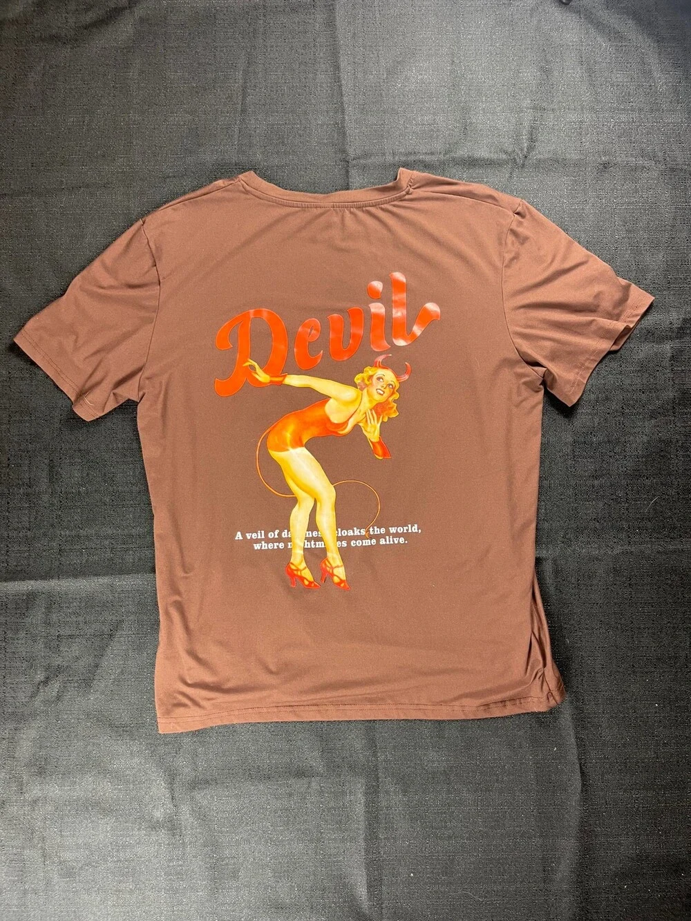 Manfinity Large Brown Short Sleeve T-Shirt Devil Pin-Up Graphic